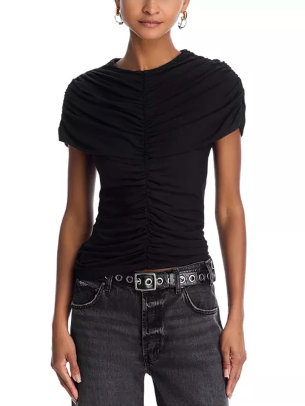 WAYF Beth Ruched Mesh Top Black Sleeveless Sheer Stretch NWOT Size S
